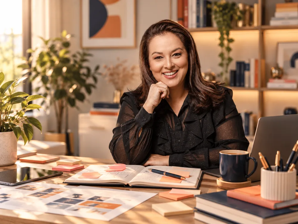 Mujer profesional sonriendo en su escritorio con cuaderno, notas adhesivas y laptop, lista para organizar sus ideas