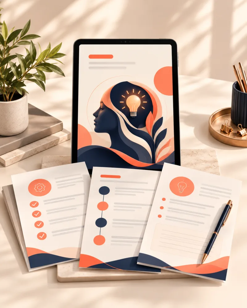 Tableta y hojas de trabajo del workbook con ejercicios, listas y checklist sobre un escritorio