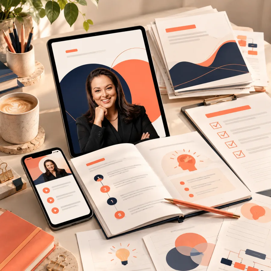 Escritorio con tableta, teléfono, cuaderno y hojas del workbook El Inventario de tu Cerebro