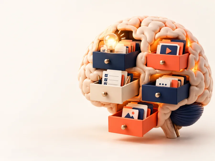 Cerebro ilustrado con cajones abiertos que guardan ideas, listas y archivos organizados