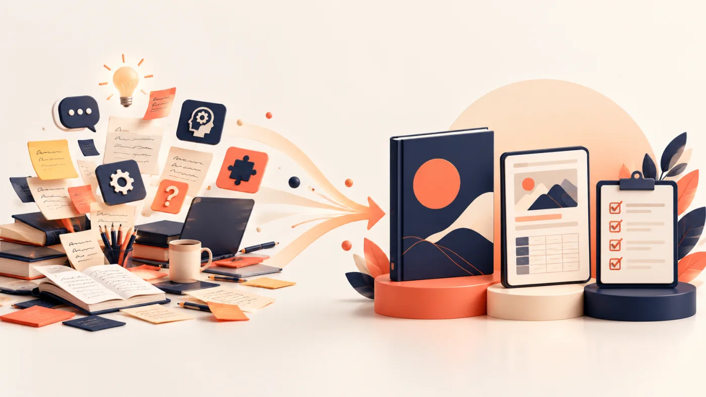 De notas, libros e ideas desordenadas a un libro, una guía digital y un checklist organizados